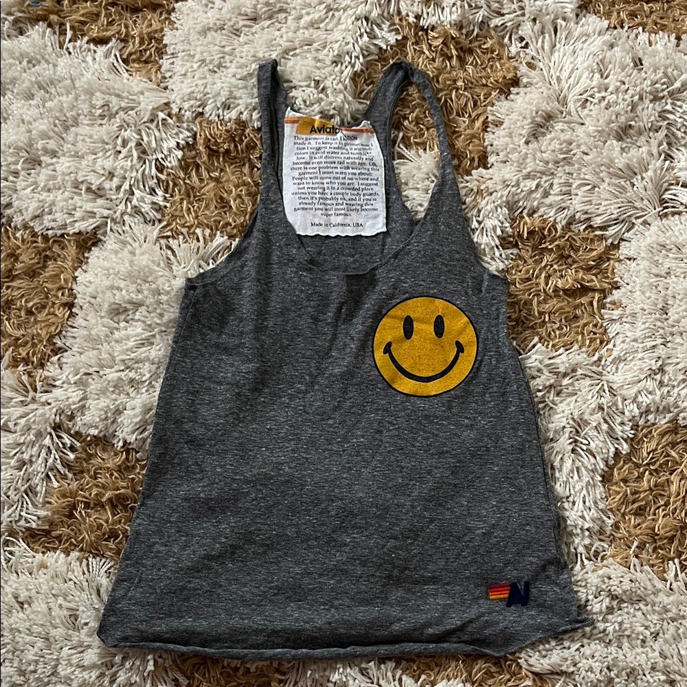 Aviator Nation Womens Gray Tank Top with Yellow Smiley Face
